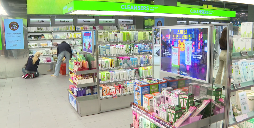 Interior of an Olive Young store in Korea with skincare and makeup displays