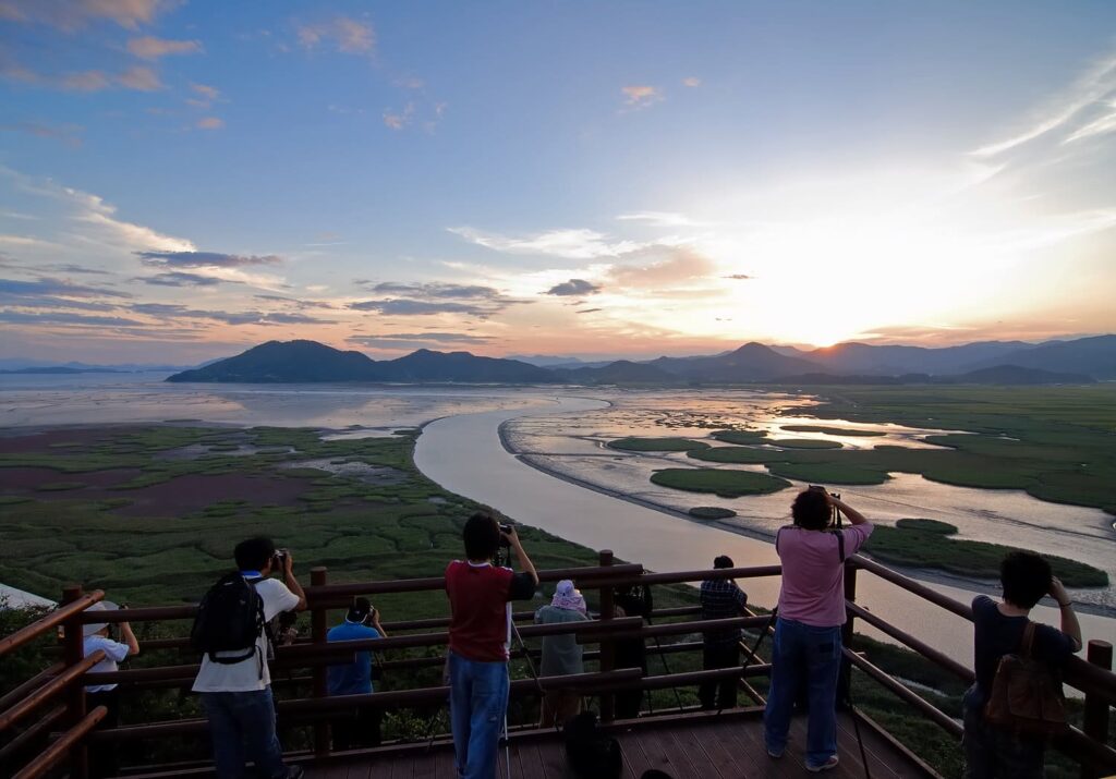 Vista del canal en forma de S desde Yongsan Observatory sobre Suncheon Bay Wetland