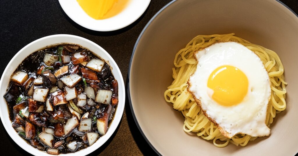 Plato completo de jajangmyeon coreano sobre una mesa informal de restaurante