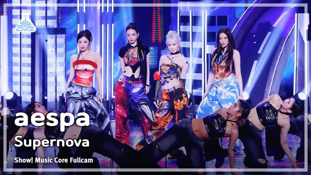 aespa performing Supernova on stage with a bold high-energy concept.