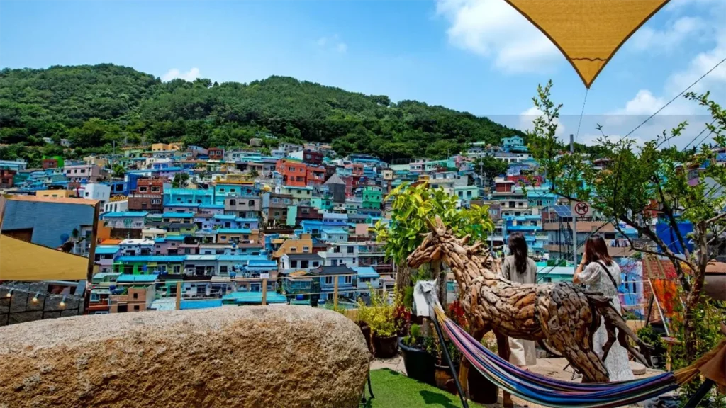Panoramic view of Gamcheon Culture Village with colorful houses on the hillside