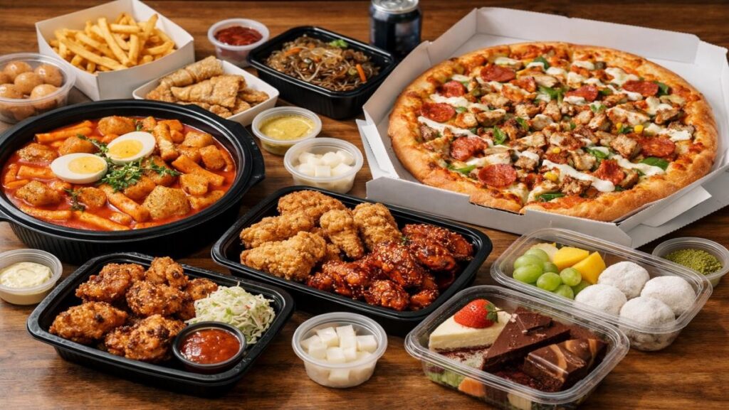 Korean delivery fried chicken and side dishes on a table