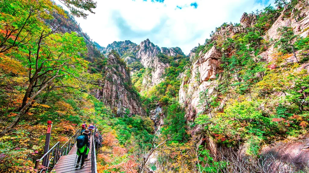 Visitantes caminhando por uma trilha leve perto da entrada do Parque Nacional de Seoraksan.