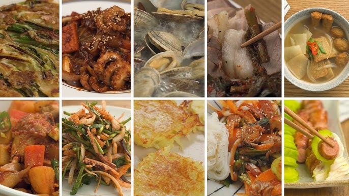 Refeição coreana com samgyeopsal, acompanhamentos e soju